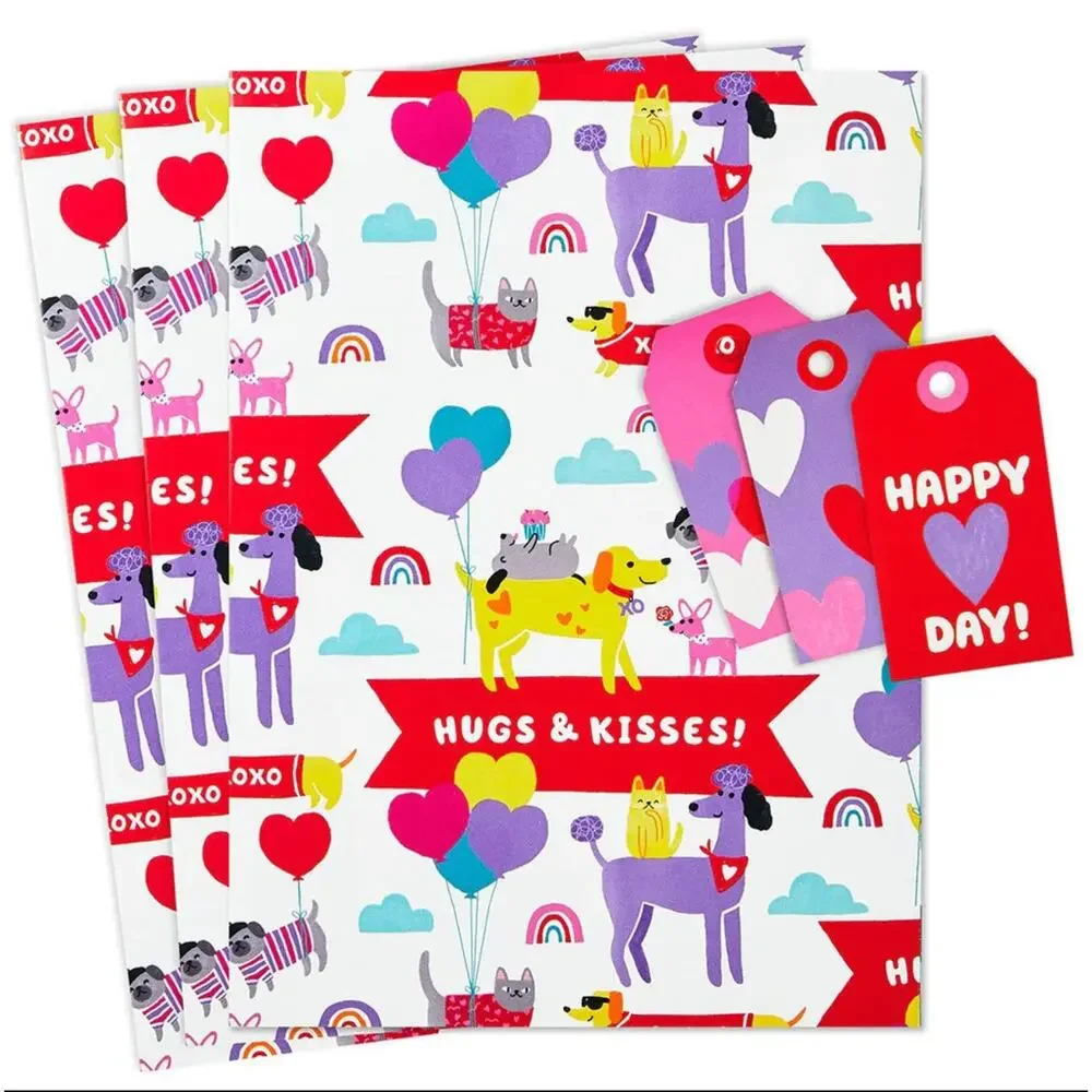 Hallmark Valentines Day 5-Pack Gift Wrap Sheets/Tags Hugs & Kisses New